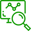 Icon with a green TV screen and a magnifying glass.